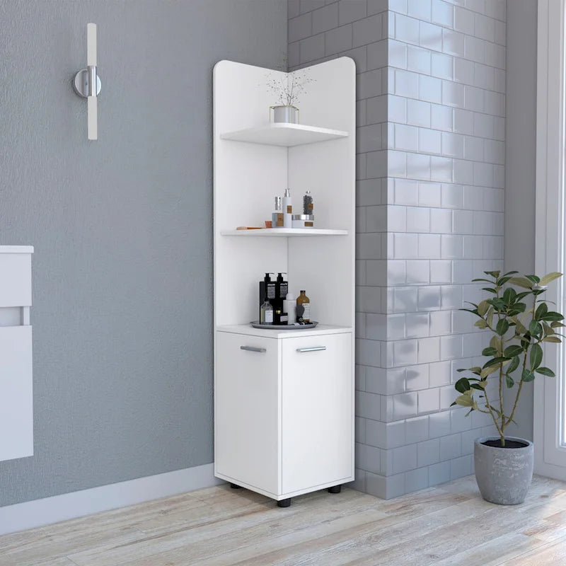 Meuble d'angle blanc autoportant avec 3 étagères ouvertes et un rangement à double porte