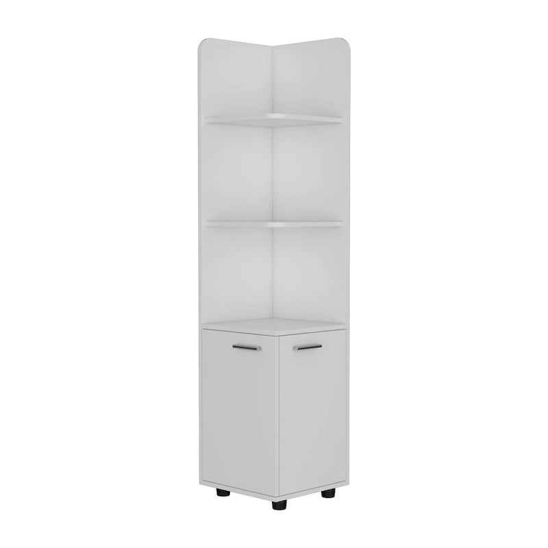 Meuble d'angle blanc autoportant avec 3 étagères ouvertes et un rangement à double porte