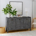 Buffet de rangement à 3 portes en raphia tressé gris anthracite avec poignées en anneau en laiton