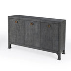 Buffet de rangement à 3 portes en raphia tressé gris anthracite avec poignées en anneau en laiton