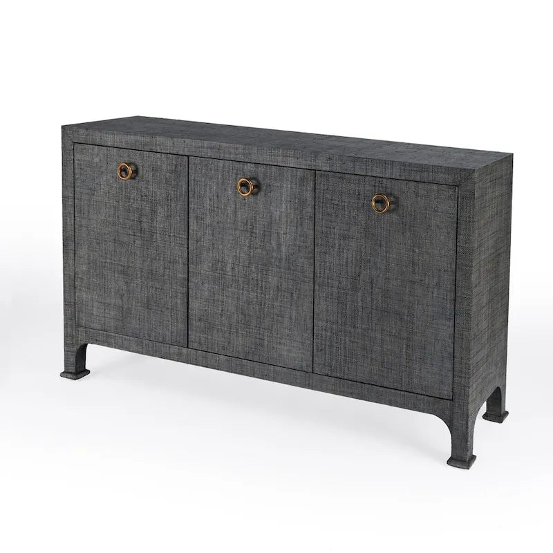 Buffet de rangement à 3 portes en raphia tressé gris anthracite avec poignées en anneau en laiton