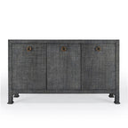 Buffet de rangement à 3 portes en raphia tressé gris anthracite avec poignées en anneau en laiton