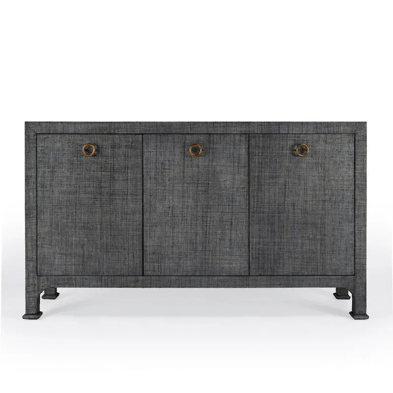 Buffet de rangement à 3 portes en raphia tressé gris anthracite avec poignées en anneau en laiton