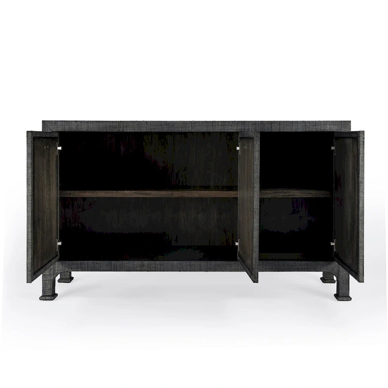 Buffet de rangement à 3 portes en raphia tressé gris anthracite avec poignées en anneau en laiton