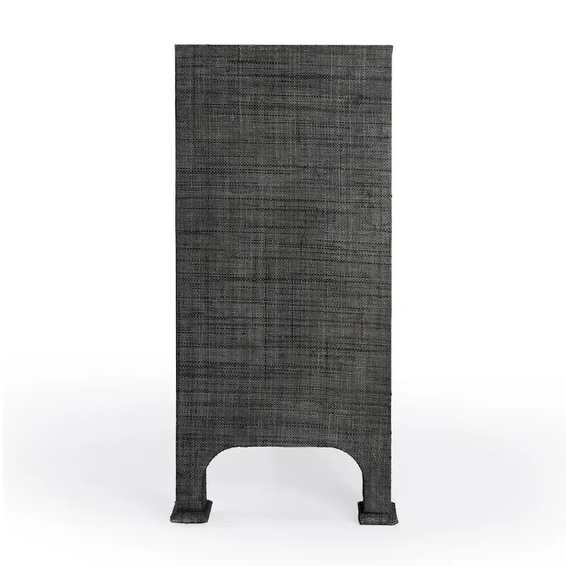 Buffet de rangement à 3 portes en raphia tressé gris anthracite avec poignées en anneau en laiton