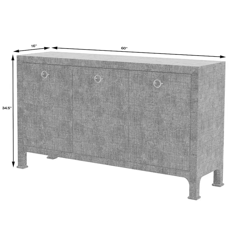 Buffet de rangement à 3 portes en raphia tressé gris anthracite avec poignées en anneau en laiton