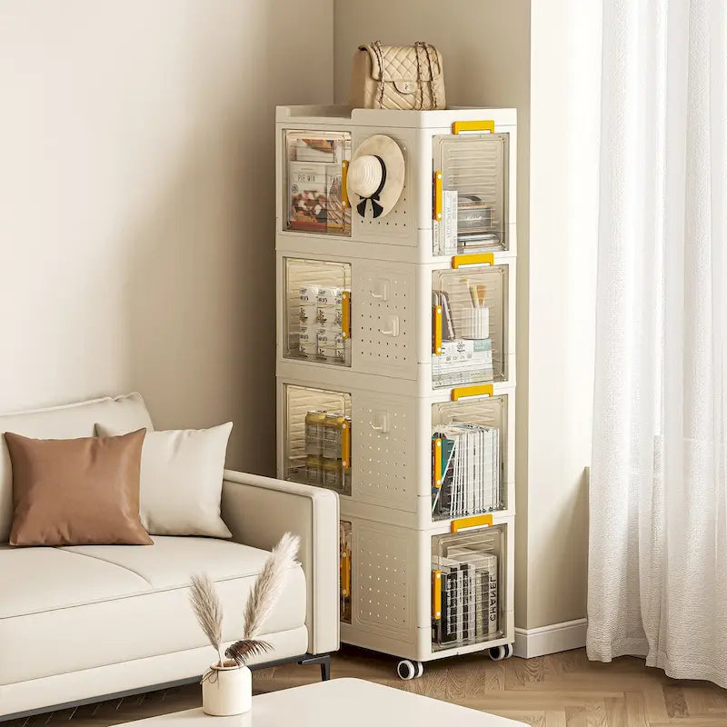 Meuble de rangement roulant blanc à 4 niveaux avec portes transparentes et roulettes verrouillables