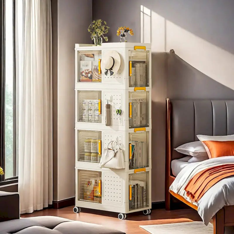 Meuble de rangement roulant blanc à 4 niveaux avec portes transparentes et roulettes verrouillables