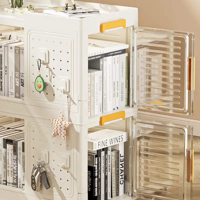 Meuble de rangement roulant blanc à 4 niveaux avec portes transparentes et roulettes verrouillables