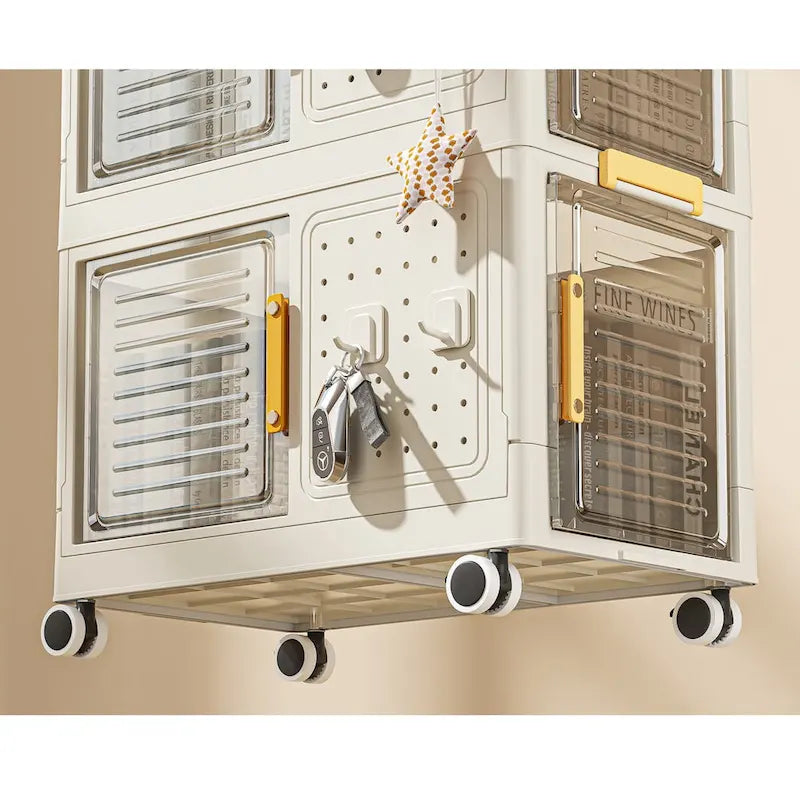 Meuble de rangement roulant blanc à 4 niveaux avec portes transparentes et roulettes verrouillables