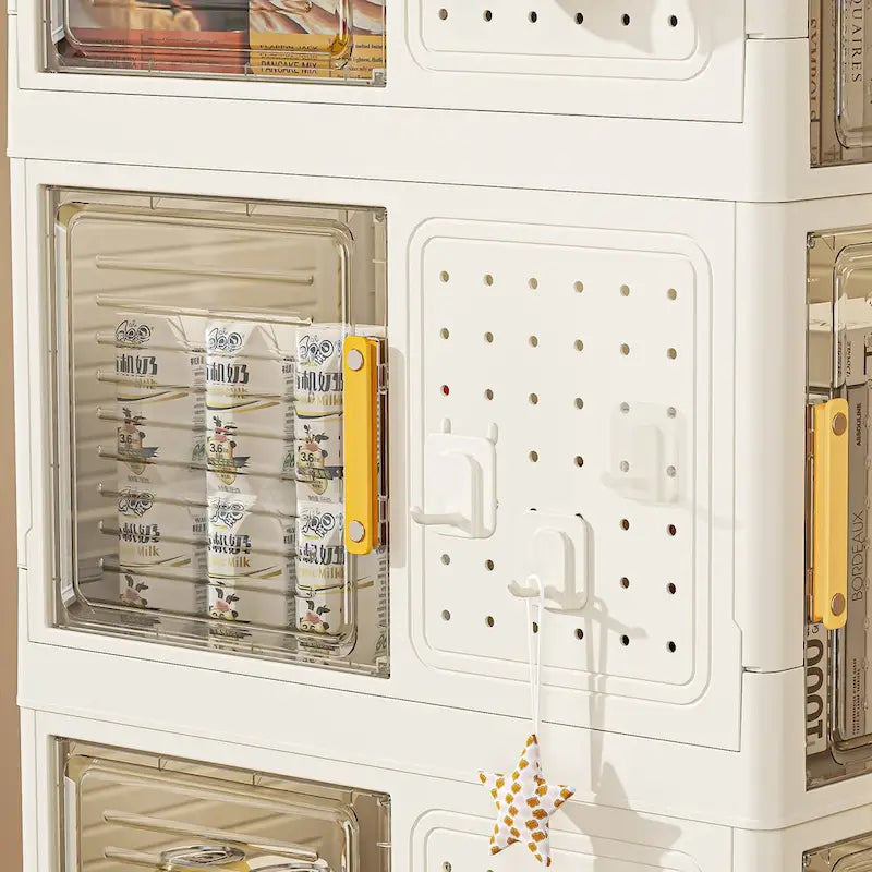 Meuble de rangement roulant blanc à 4 niveaux avec portes transparentes et roulettes verrouillables