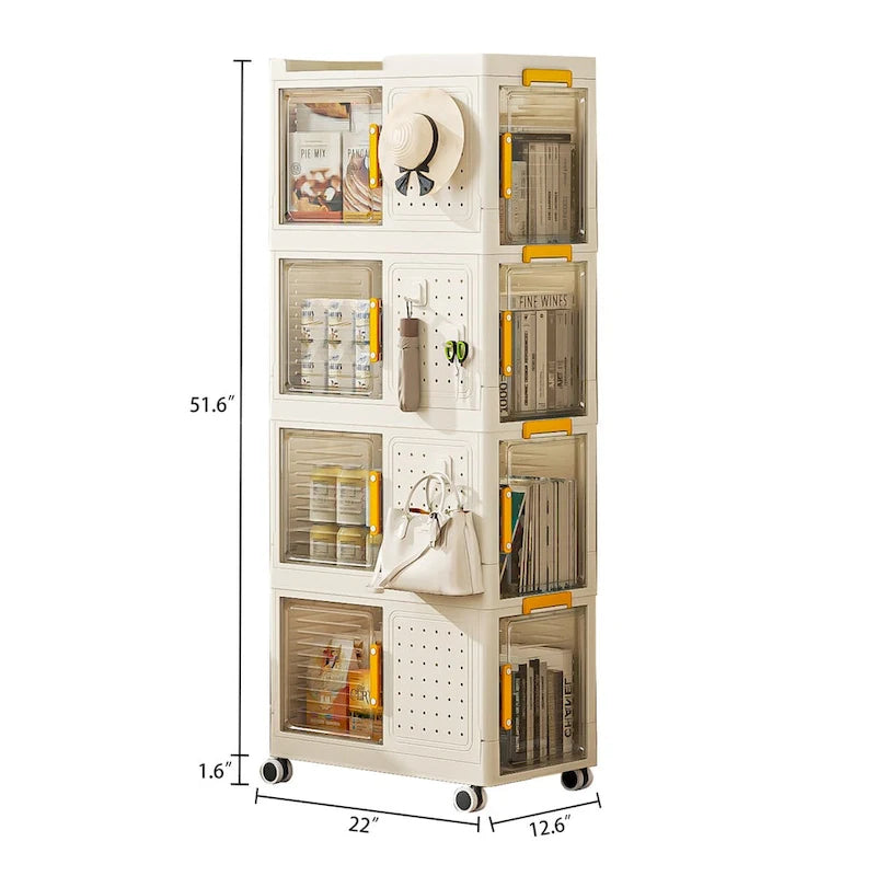 Meuble de rangement roulant blanc à 4 niveaux avec portes transparentes et roulettes verrouillables