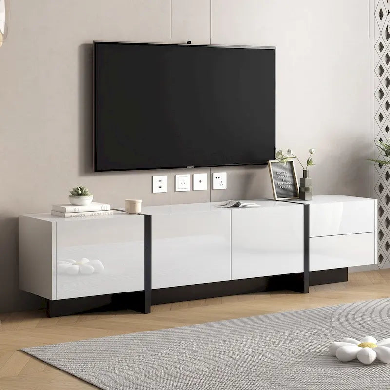 Meuble TV brillant blanc et noir avec tiroirs et placards