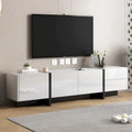 Meuble TV brillant blanc et noir avec tiroirs et placards