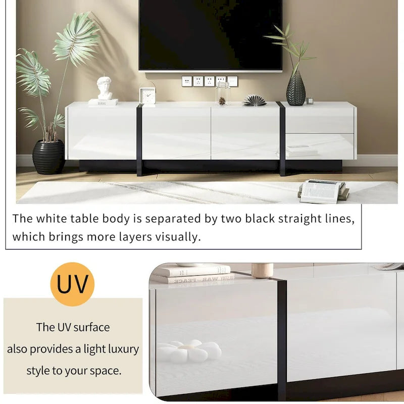Meuble TV brillant blanc et noir avec tiroirs et placards