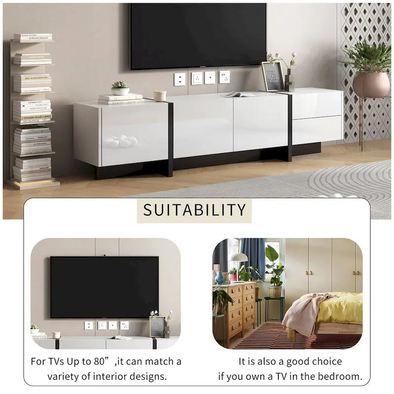 Meuble TV brillant blanc et noir avec tiroirs et placards