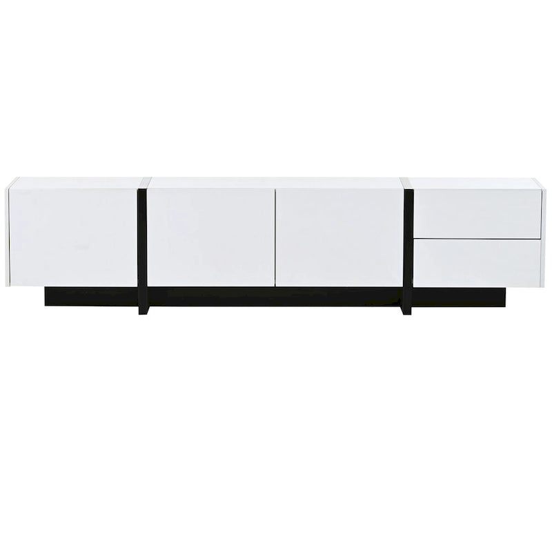 Meuble TV brillant blanc et noir avec tiroirs et placards