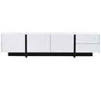 Meuble TV brillant blanc et noir avec tiroirs et placards