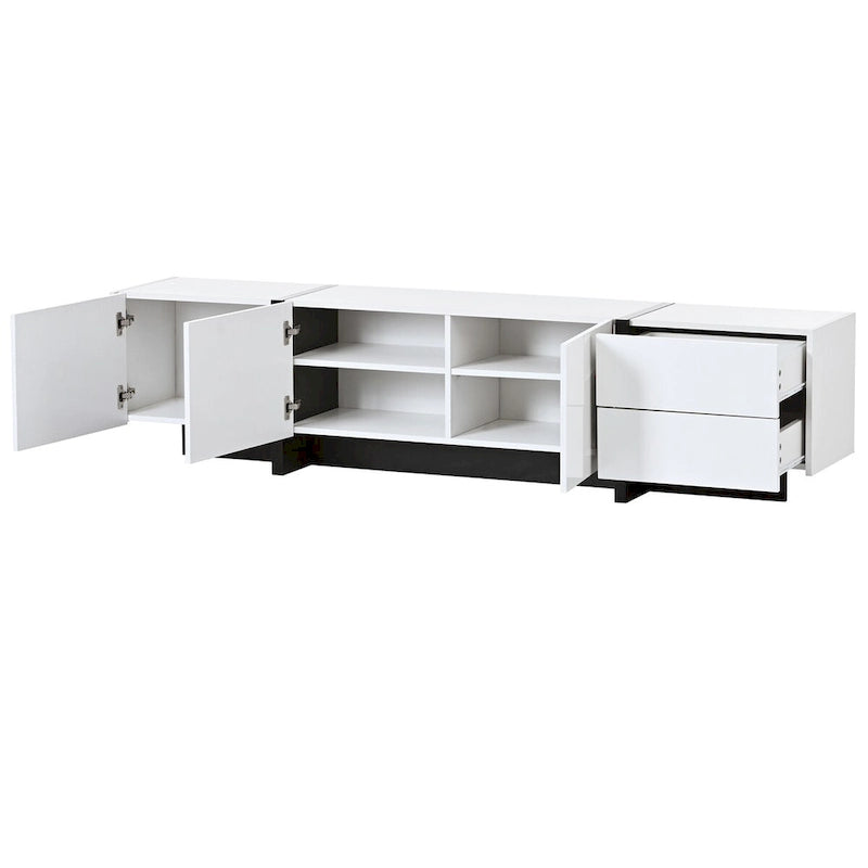 Meuble TV brillant blanc et noir avec tiroirs et placards