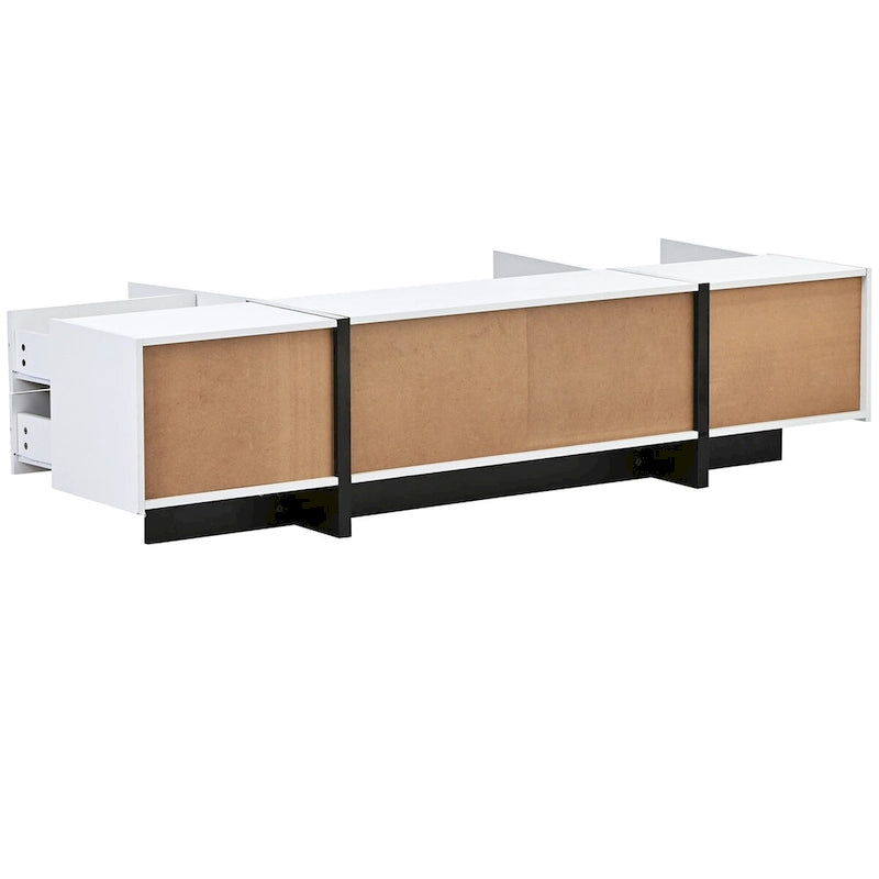 Meuble TV brillant blanc et noir avec tiroirs et placards