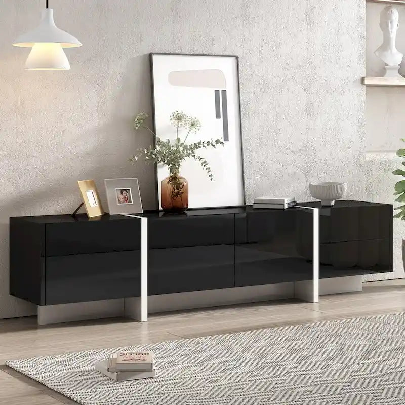 Meuble TV brillant blanc et noir avec tiroirs et placards