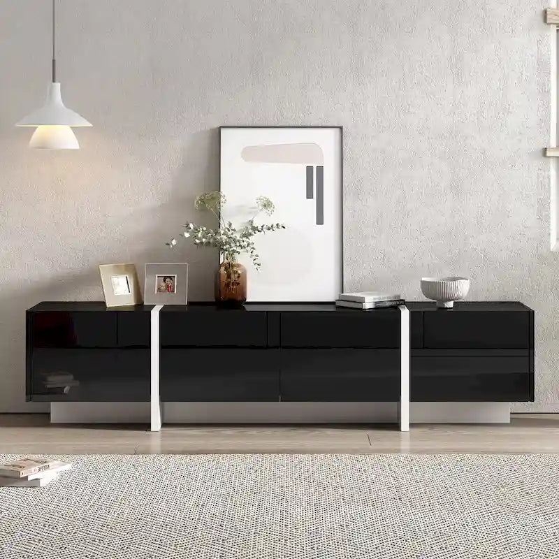 Meuble TV brillant blanc et noir avec tiroirs et placards