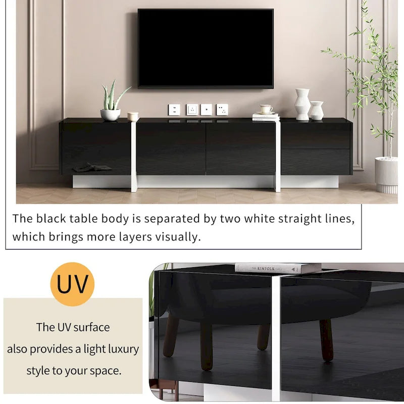 Meuble TV brillant blanc et noir avec tiroirs et placards