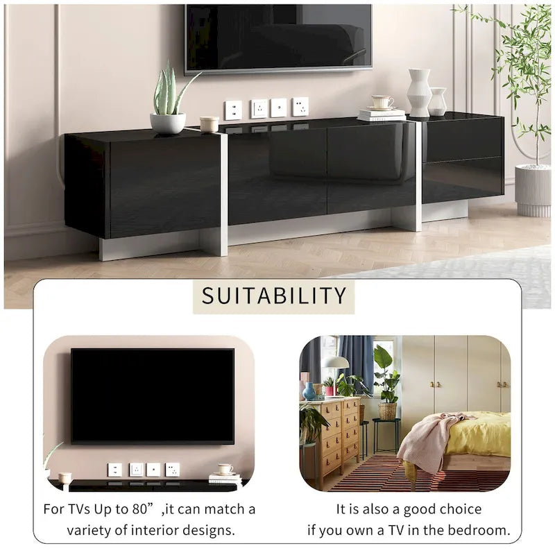 Meuble TV brillant blanc et noir avec tiroirs et placards
