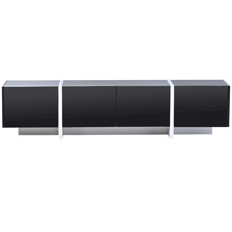 Meuble TV brillant blanc et noir avec tiroirs et placards
