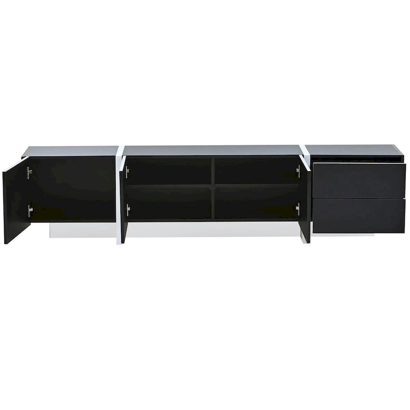 Meuble TV brillant blanc et noir avec tiroirs et placards