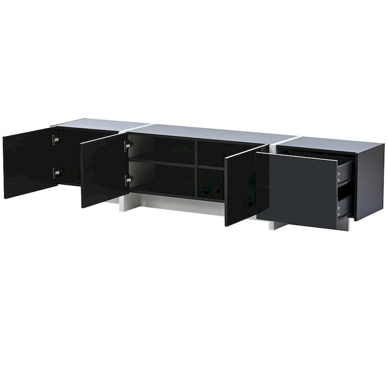 Meuble TV brillant blanc et noir avec tiroirs et placards