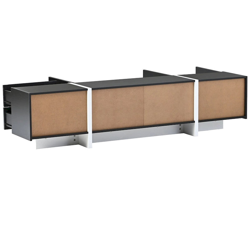 Meuble TV brillant blanc et noir avec tiroirs et placards