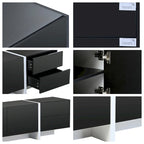 Meuble TV brillant blanc et noir avec tiroirs et placards