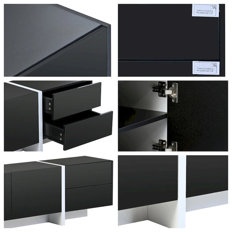 Meuble TV brillant blanc et noir avec tiroirs et placards