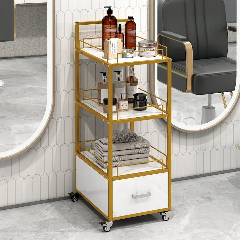 Chariot de Rangement Roulant à 3 Niveaux avec Tiroir, Cadre Doré et Surface en Marbre