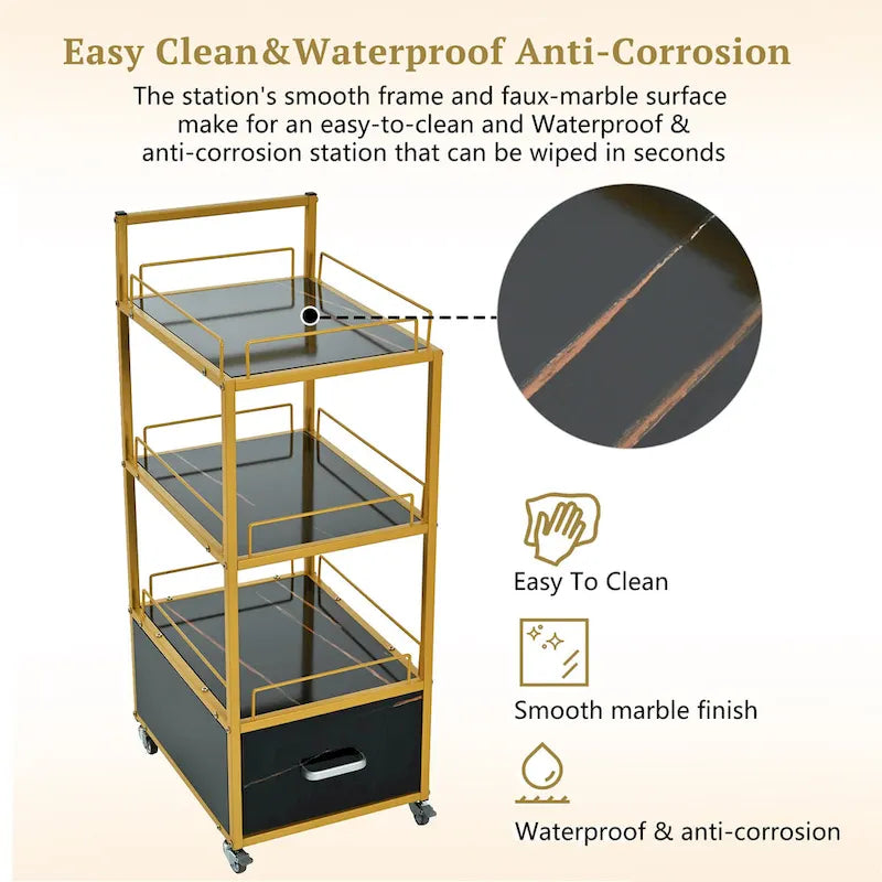 Chariot de Rangement Roulant à 3 Niveaux avec Tiroir, Cadre Doré et Surface en Marbre