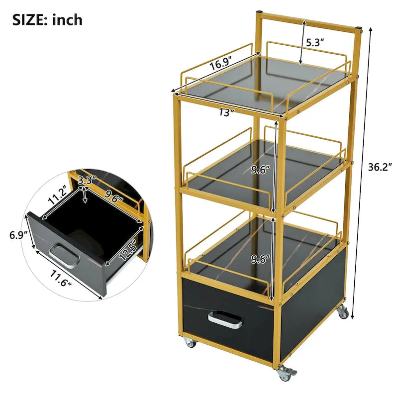 Chariot de Rangement Roulant à 3 Niveaux avec Tiroir, Cadre Doré et Surface en Marbre