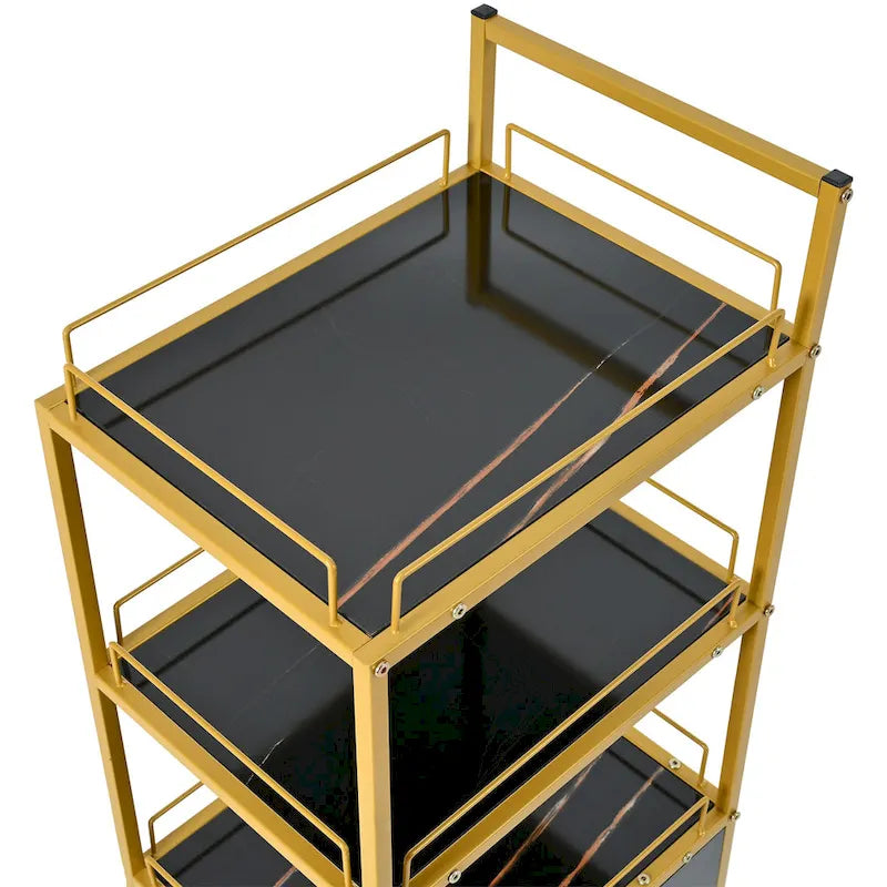 Chariot de Rangement Roulant à 3 Niveaux avec Tiroir, Cadre Doré et Surface en Marbre