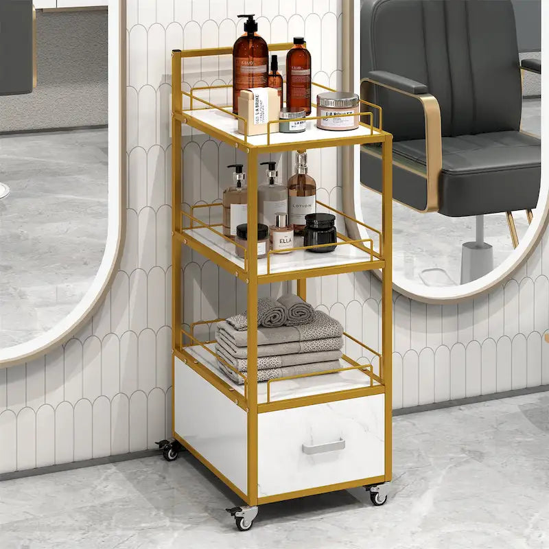 Chariot de Rangement Roulant à 3 Niveaux avec Tiroir, Cadre Doré et Surface en Marbre