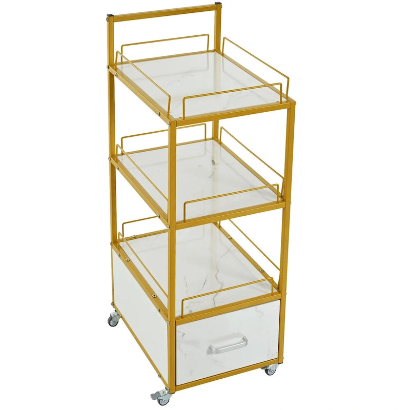 Chariot de Rangement Roulant à 3 Niveaux avec Tiroir, Cadre Doré et Surface en Marbre