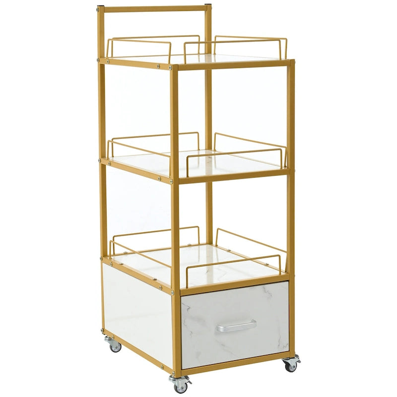 Chariot de Rangement Roulant à 3 Niveaux avec Tiroir, Cadre Doré et Surface en Marbre