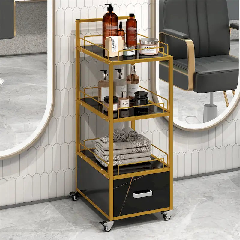 Chariot de Rangement Roulant à 3 Niveaux avec Tiroir, Cadre Doré et Surface en Marbre