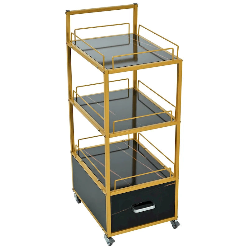 Chariot de Rangement Roulant à 3 Niveaux avec Tiroir, Cadre Doré et Surface en Marbre