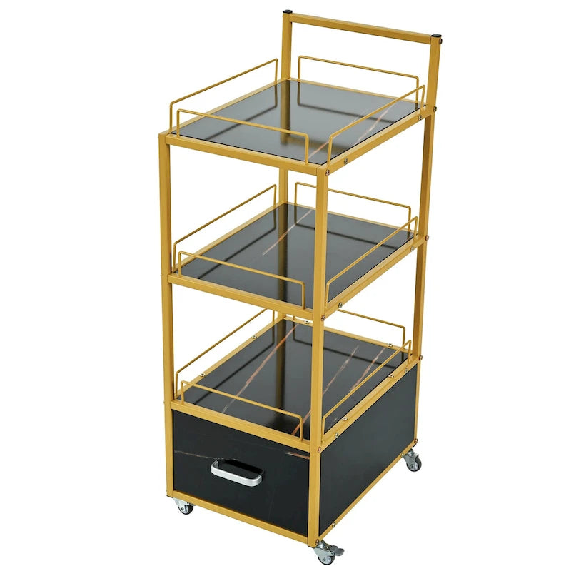 Chariot de Rangement Roulant à 3 Niveaux avec Tiroir, Cadre Doré et Surface en Marbre