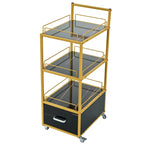 Chariot de Rangement Roulant à 3 Niveaux avec Tiroir, Cadre Doré et Surface en Marbre