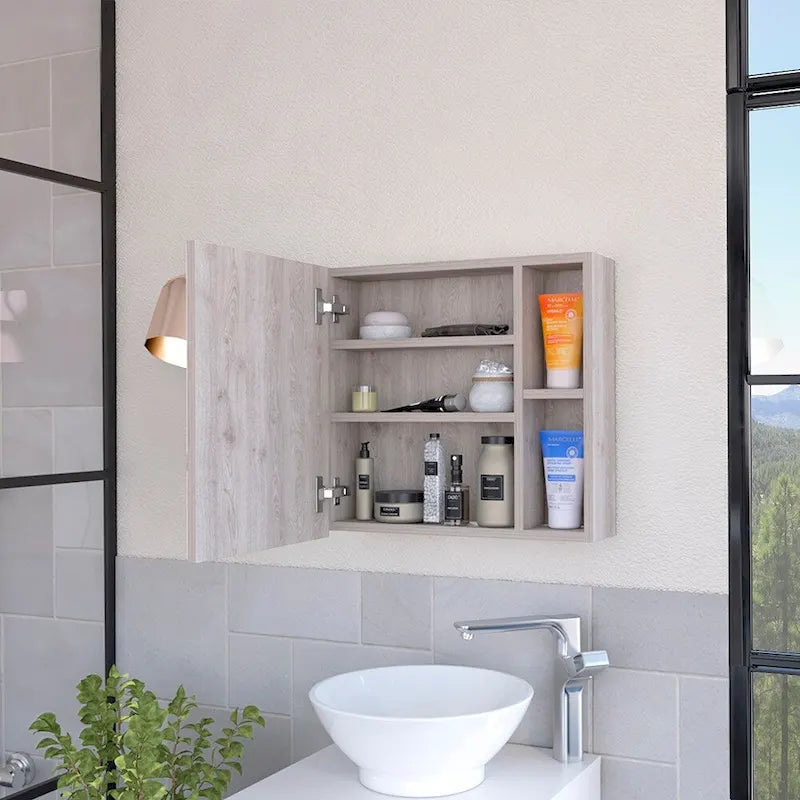 Armoire à pharmacie murale pour salle de bain, une porte, trois étagères intérieures, grise