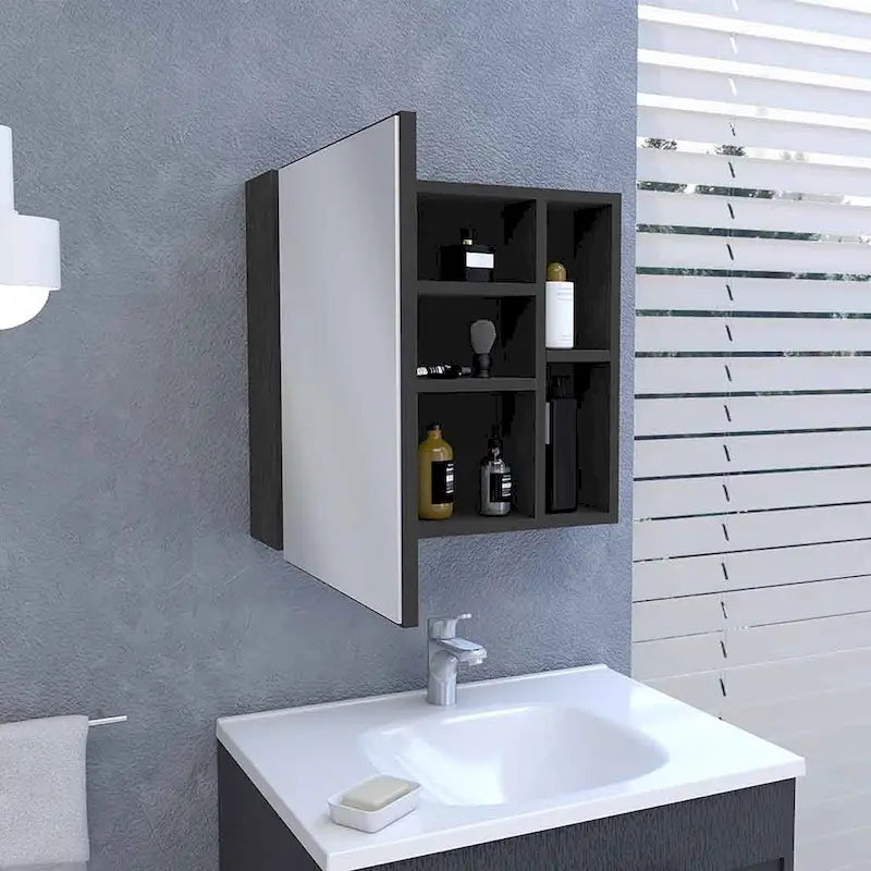 Armoire à pharmacie murale pour salle de bain, une porte, trois étagères intérieures, grise
