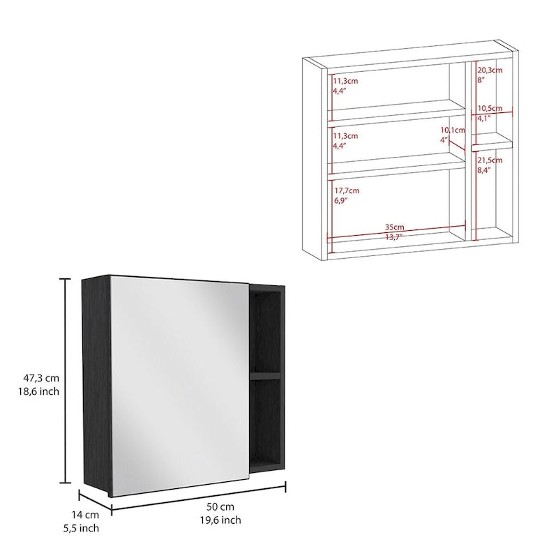 Armoire à pharmacie murale pour salle de bain, une porte, trois étagères intérieures, grise