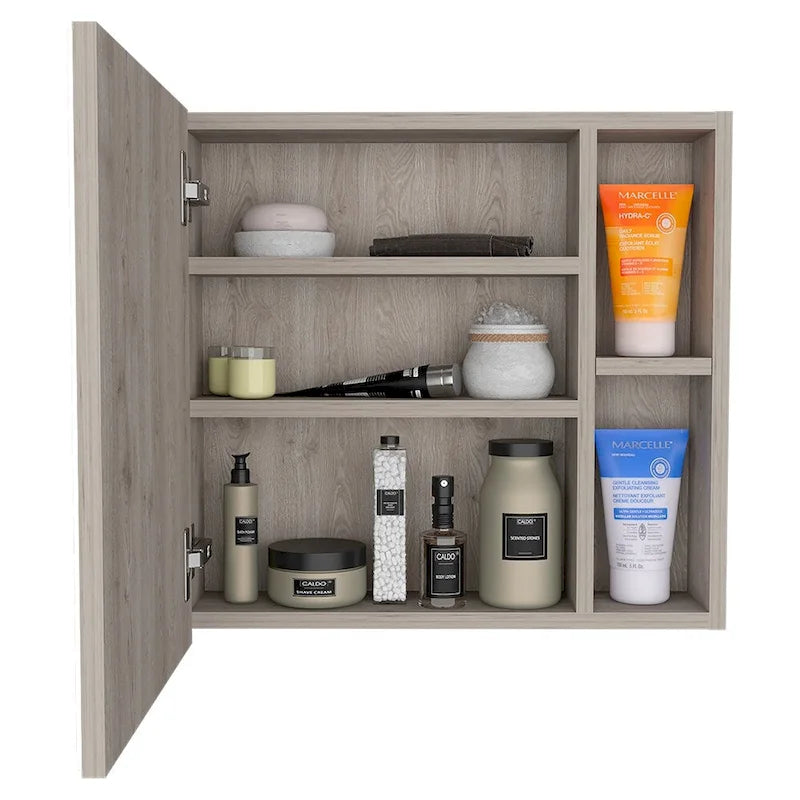 Armoire à pharmacie murale pour salle de bain, une porte, trois étagères intérieures, grise