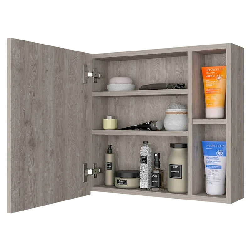 Armoire à pharmacie murale pour salle de bain, une porte, trois étagères intérieures, grise